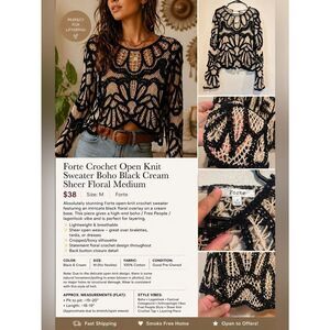 Forte Crochet Open Knit Sweater Boho Black Cream Sheer Floral Medium